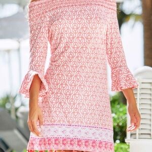 CABANA LIFE OFF THE SHOULD DRESS/COVERLUXE. ORANGE/WHITE SIZE SMALL